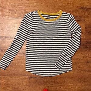 Madewell Womens Navy and White Striped Long Sleeve Tee with Yellow Trim